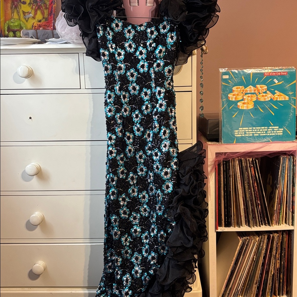Vintage 80s Floral Sequin Dress Ruffle Cocktail Party Evening Black Blue Pageant